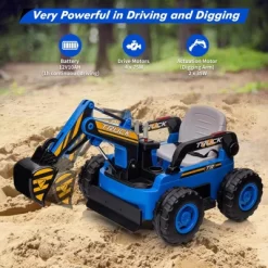 Kids Ride On Electric Excavator Digger Car With Remote Control & Digging Arm, 12V 10Ah Battery, 360° Rotation Riding Toy
