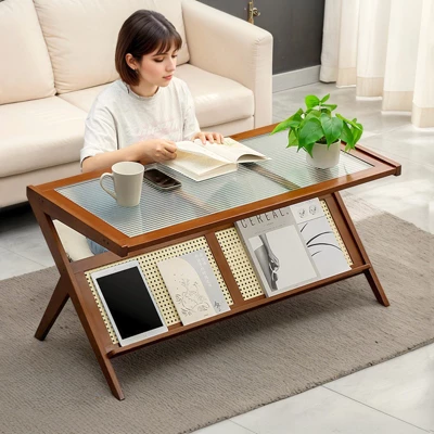 Modern Coffee Table With Glass Top & Rattan Shelf - Z-Shape Design, Warm Wood Frame For Living Room, Office 4 Modern Coffee Table With Glass Top & Rattan Shelf - Z-Shape Design, Warm Wood Frame For Living Room, Office - Image 2