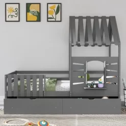 Twin Size House Bed For Kids, Twin Bed With Rails And 2 Storage Drawers, Wooden Playhouse Beds With Roof And Window