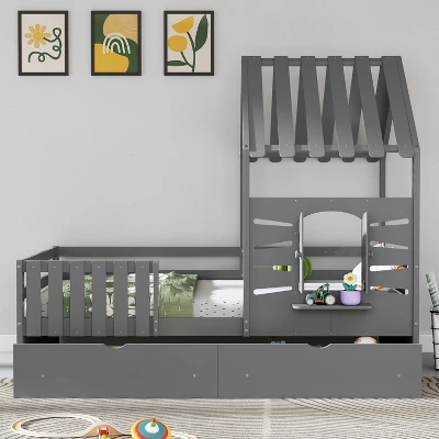 Twin Size House Bed For Kids, Twin Bed With Rails And 2 Storage Drawers, Wooden Playhouse Beds With Roof And Window 3 Twin Size House Bed For Kids, Twin Bed With Rails And 2 Storage Drawers, Wooden Playhouse Beds With Roof And Window