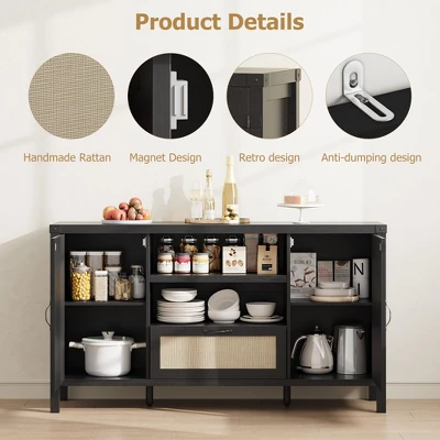 Rattan Sideboard Buffet Cabinet With Drawer & Open Shelves, Boho Farmhouse Coffee Bar For Kitchen, Dining Or Living Room 6 Rattan Sideboard Buffet Cabinet With Drawer & Open Shelves, Boho Farmhouse Coffee Bar For Kitchen, Dining Or Living Room - Image 4