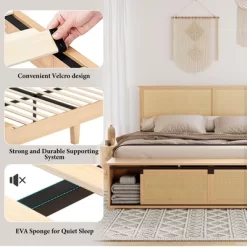 Whizmax Natural Rattan Bed Frame With Sliding Barn Door Storage Cabinets And LED Light Headboard,Boho Platform Bed With Wood Legs -Garvee GUEST adb265d0 9bd0 475a 9f03 3f0eec674414
