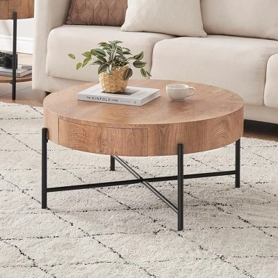 Garvee Coffee Table With Drawers Round Center Table Wood Look Circle Coffee Table Farmhouse Cocktail Table Metal Frame Living Room 4 Garvee Coffee Table With Drawers Round Center Table Wood Look Circle Coffee Table Farmhouse Cocktail Table Metal Frame Living Room - Image 2