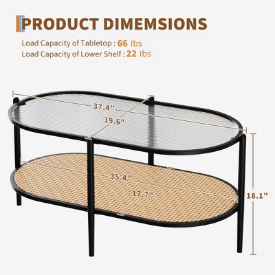 2-Tier Rattan Coffee Table, Boho Oval Coffe Table With Tempered Glass Top 3 2-Tier Rattan Coffee Table, Boho Oval Coffe Table With Tempered Glass Top