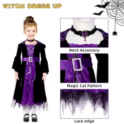 Garvee Witch Costumes With Neck Accessories For Girls, Suitable For Halloween Dress Up Party, Role-Playing