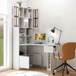 L Shaped Computer Desk With Hutch, Office Corner Desk With Drawer & Bookshelf, Wood Table Writing Desk, Gaming Computer Desk For Study Room White