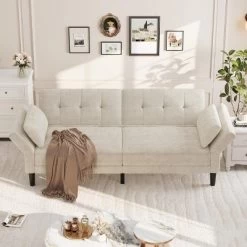 89" Chenille Futon Sofa Bed, Modern Convertible Sleeper Couch With Adjustable Backrest & Armrests, 3-Seat Sofa With 2 Pillows For Apartment -Garvee GUEST afbc63ba f55e 4959 ac0d 91cc7b1b2f68