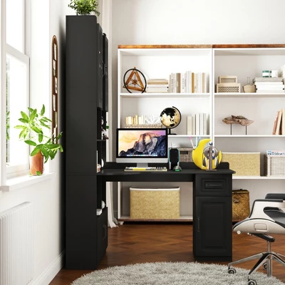 L Shaped Computer Desk With Hutch, Office Corner Desk With Drawer & Bookshelf, Study Table Writing Desk, Gaming Computer Desk For Study Room Black 4 L Shaped Computer Desk With Hutch, Office Corner Desk With Drawer & Bookshelf, Study Table Writing Desk, Gaming Computer Desk For Study Room Black - Image 2
