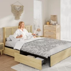 Bed Frame With Natural Rattan Headboard, Queen Size, 4 Storage Drawers, Wooden Slats, Boho-Style Cane Support, Metal Base -Garvee GUEST b1af0642 5d4f 4ea6 9c12 26b74c71578d