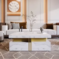 Coffee Tables With 4 Storage Drawers Modern Square Design Cocktail Table For Living Room Office Bedroom 16.5"D X 43.3"W X 43.3"H -Garvee GUEST b2805660 bb9f 4694 afd0 4854a1061c38