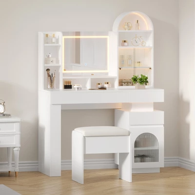 Arched Vanity Desk With Mirror And Lights, Makeup Vanity Table With 3 Drawers And 11 Storage Shelves, Large Dressing Table With Outlet 4 Arched Vanity Desk With Mirror And Lights, Makeup Vanity Table With 3 Drawers And 11 Storage Shelves, Large Dressing Table With Outlet - Image 2