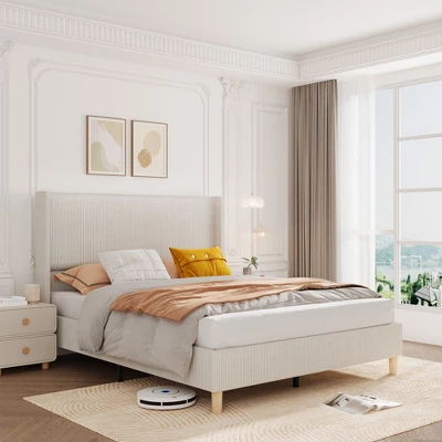 Bed Frame, Corduroy Upholstered Queen Bed Frame With Wingback Headboard, No Box Spring Needed, Solid Wooden Slats, Noise Free 8 Bed Frame, Corduroy Upholstered Queen Bed Frame With Wingback Headboard, No Box Spring Needed, Solid Wooden Slats, Noise Free - Image 6