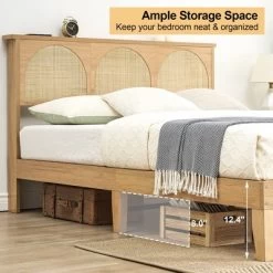 Bed Frame With Natural Rattan Headboard, Boho Wooden Platform Bed With Strong Wooden Slats, Noise-Free, No Box Spring Needed, Arch -Garvee GUEST b379b9b5 52c7 4900 b40a b94043b075c3