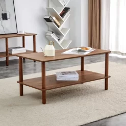 Modern 2-Tier Coffee Table For Living Room Furniture, Center Table With Open Storage Shelf, Rounded Rubberwood Legs, Wood/Walnut Color 39.3*19.6*18in -Garvee GUEST b46e3f80 542a 4469 8181 9e3f6f05e356