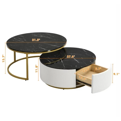 Modern Round Nesting Coffee Table Fluted With Drawer In 31.5'' 3 Modern Round Nesting Coffee Table Fluted With Drawer In 31.5''