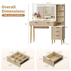 Makeup Vanity Desk With Lights, Fluted Wooden Dressing Table With 5 Drawers And Adjustable Shelves, Makeup Vanity Table Modern Glass Top For Bedroom -Garvee GUEST b5145081 9cc2 4ce4 b64e cb374d3140e0