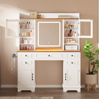 Vanity Desk With LED Lighted Mirror, Makeup Vanity Table With 5 Drawers, 4 Doors, And 3 Storage Shelves For Bedroom, Dressing Room 6 Vanity Desk With LED Lighted Mirror, Makeup Vanity Table With 5 Drawers, 4 Doors, And 3 Storage Shelves For Bedroom, Dressing Room - Image 4