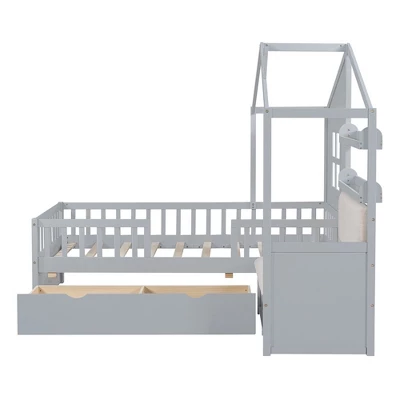 Twin Size House Bed With Sofa, Kids House Floor Bed Frame With 2 Drawers And Storage Shelf, Wooden Twin Platform Bed Frame 7 Twin Size House Bed With Sofa, Kids House Floor Bed Frame With 2 Drawers And Storage Shelf, Wooden Twin Platform Bed Frame - Image 5