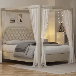 Canopy Bed Frame With Upholstered Headboard, Four Poster Design, Button Tufted, And Slide Rail, No Box Spring Required, Wooden Slatted Structure -Garvee GUEST b57d2e39 771d 4fa3 bf02 fecd115ae8e0