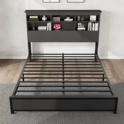 Queen Size Bed Frame With Bookcase Headboard, Queen Platform Bed With 2-tier Storage & Charging Station, No Box Spring Needed Easy Assemble，Black -Garvee GUEST b5aed704 9963 49de b327 ea932b4090c4