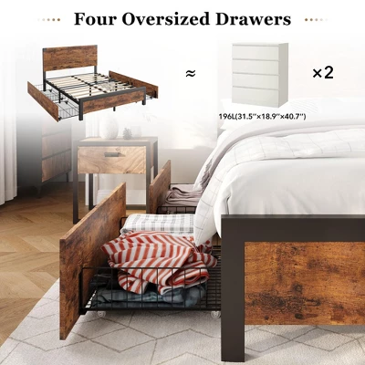 Bed Frame With Storage Drawers - Heavy Duty Metal Platform With Wooden Headboard, No Box Spring Needed, Easy Assembly, Vintage Brown 6 Bed Frame With Storage Drawers - Heavy Duty Metal Platform With Wooden Headboard, No Box Spring Needed, Easy Assembly, Vintage Brown - Image 4
