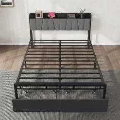 Garvee Queen Size Bed Frame With Storage Headboard, Industrial Queen Platform With 2 Drawers And Charging Station, Black No Box Spring Needed Bedframe -Garvee GUEST b66c9c0c bfdb 4196 8788 6a9f329f46e5