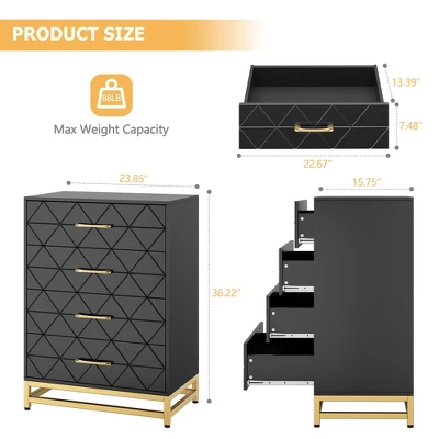 Dresser For Bedroom With 4 Drawer, Modern Dressers Chest Of Drawers, With Wide Drawers And Metal Handles, Wood Dressers, Black 4 Dresser For Bedroom With 4 Drawer, Modern Dressers Chest Of Drawers, With Wide Drawers And Metal Handles, Wood Dressers, Black - Image 2