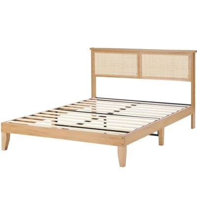 Rattan Bed Frame With Natural Rattan Headboard, Bed Frame With LED Lights, Rattan Bed Frame With Headboard, Solid Wood Foundation With Silent Slats 10 Rattan Bed Frame With Natural Rattan Headboard, Bed Frame With LED Lights, Rattan Bed Frame With Headboard, Solid Wood Foundation With Silent Slats - Image 8