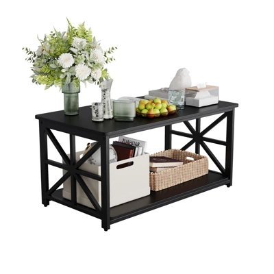2-Tier Coffee Table For Small Spaces, X-Frame Living Room Low Coffee Table With Storage Shelf 4 2-Tier Coffee Table For Small Spaces, X-Frame Living Room Low Coffee Table With Storage Shelf - Image 2