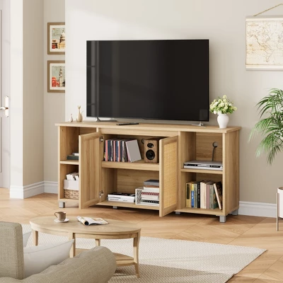 TV Stand For 65 Inch, Entertainment Center With Storage Shelves & Glass Doors – Wooden Media Console Cabinet For Living Room, Bedroom 3 TV Stand For 65 Inch, Entertainment Center With Storage Shelves & Glass Doors – Wooden Media Console Cabinet For Living Room, Bedroom