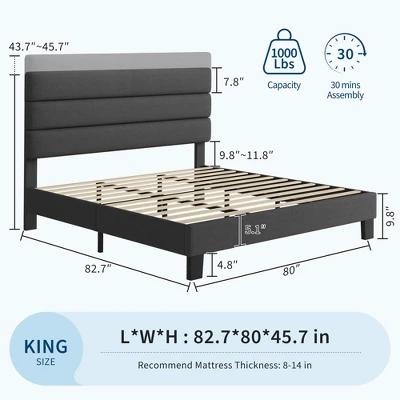 King Bed Frame Platform Bed With Adjustable Headboard, Linen Fabric Upholstered And Wooden Slats Support, Easy Assembly, Dark Grey 3 King Bed Frame Platform Bed With Adjustable Headboard, Linen Fabric Upholstered And Wooden Slats Support, Easy Assembly, Dark Grey