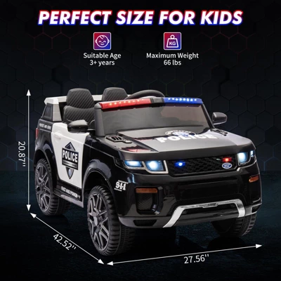 12V Police Electric Ride-On Car For Kids, Remote Control, 66lbs Capacity, LED Lights, Megaphone, Music, Spring Suspension 4 12V Police Electric Ride-On Car For Kids, Remote Control, 66lbs Capacity, LED Lights, Megaphone, Music, Spring Suspension - Image 2