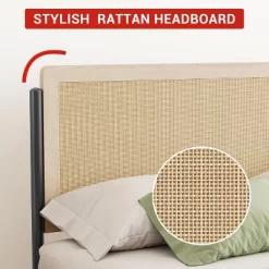 Full/Queen Size Boho Bed Frame With Rattan Headboard & Wood Footboard, Under Bed Storage, No Box Spring Needed, Noise-Free Design -Garvee GUEST bac26afc 78d4 4f2b aa04 477f26ef8f50
