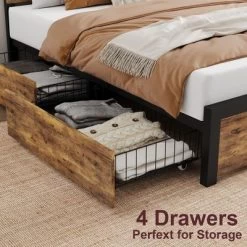 Queen Bed Frame With Storage, 4 Drawers And Heavy Duty Strong Metal Support Bed Frame With Wooden Headboard And Footboard -Garvee GUEST bada11f6 b4ca 4691 b02b 28ab0c7829fd