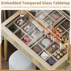 Makeup Vanity Desk With Lights, Fluted Wooden Dressing Table With 5 Drawers And Adjustable Shelves, Makeup Vanity Table Modern Glass Top For Bedroom