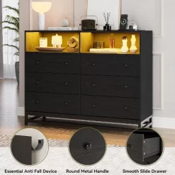6-Drawer Wide Dresser With Built-In Charging Station And LED Lighting, Modern Black Wooden Storage Chest For Bedroom, Large Capacity Organizer -Garvee GUEST bbc188b9 3873 4166 bd15 d072605d4718