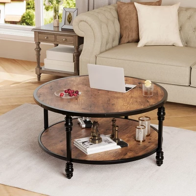 Garvee Coffee Table Round Rustic Center Table With Storage Shelf Wood Circle Coffee Table With Sturdy Metal Legs Living Room 4 Garvee Coffee Table Round Rustic Center Table With Storage Shelf Wood Circle Coffee Table With Sturdy Metal Legs Living Room - Image 2