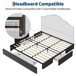 King Bed Frame With 3 Storage Drawers, Fabric Upholstered Platform Bed, Wooden Slats Support, Dark Grey -Garvee GUEST bcb26884 0ca2 4b46 8cec e66e4da0d733