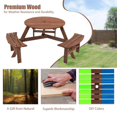 6 Person Wooden Picnic Table Set, Outdoor Round Picnic Table With Benches & Umbrella Hole, Table And Bench Set For Garden Backyard Patio 3 6 Person Wooden Picnic Table Set, Outdoor Round Picnic Table With Benches & Umbrella Hole, Table And Bench Set For Garden Backyard Patio