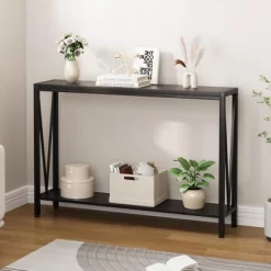 Industrial-Style Narrow Long Entryway Console Table With 2-Tier Shelves -V-Shaped Design Slim Sofa Tables With Sturdy Metal Frame