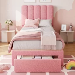 Twin Bed Frame With Storage Drawer And Headboard, Velvet Upholstered Twin Platform Bed Frame For Girls, Strong Wooden Slats Support, Noise-Free -Garvee GUEST bcde33d7 e6e1 4af8 95d2 cf20d22674a1