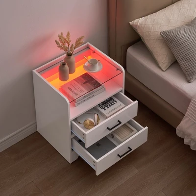 Garvee Bedside Table With 2 Drawers, LED Nightstand Wooden Cabinet Unit With Lights For Bedroom, Living Room, White 6 Garvee Bedside Table With 2 Drawers, LED Nightstand Wooden Cabinet Unit With Lights For Bedroom, Living Room, White - Image 4