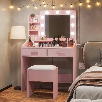 Vanity Desk With Mirror And Lights, Makeup Vanity With Power Outlet & Upholstered Stool, Wooden Dressing Table With Drawers For Bedroom 8 Vanity Desk With Mirror And Lights, Makeup Vanity With Power Outlet & Upholstered Stool, Wooden Dressing Table With Drawers For Bedroom - Image 6