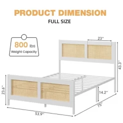 Full Size Rattan Bed Frame With Headboard & Footboard, Noise-Free Metal Platform, No Box Spring Needed, Easy Assembly, White