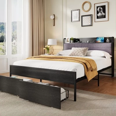 Full Bed Frame With Headboard And Storage, Heavy Duty Bed Frames With 2 Storage Drawers, Black Bedframe With Charging Station, No Box Spring Needed 8 Full Bed Frame With Headboard And Storage, Heavy Duty Bed Frames With 2 Storage Drawers, Black Bedframe With Charging Station, No Box Spring Needed - Image 6