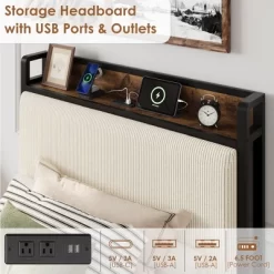 Bed Frame With 2 Storage Drawers And Charging Station, Rustic Velvet Upholstered Platform Bedframe With Storage Headboard, No Box Spring Needed -Garvee GUEST bea6cd05 1878 4336 990e 3c638e5ad1cf