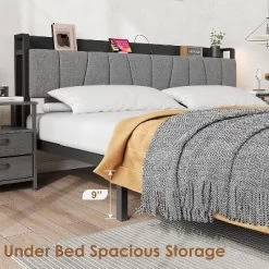 Bed Frame With Storage Headboard, Industrial Platform Bed With 2 Large Drawers And Charging Station, Black No Box Spring Needed Bed Frame -Garvee GUEST bf299e8b 908a 43e7 9409 a4cf79269c4c