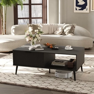 Coffee Table With Storage,Rectangular Wooden Coffee Table With Sliding Door And Solid Wood Legs, 2-Tier Cocktail Table 10 Coffee Table With Storage,Rectangular Wooden Coffee Table With Sliding Door And Solid Wood Legs, 2-Tier Cocktail Table - Image 8