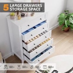 5 Drawers Dresser For Bedroom, Farmhouse Tall Wood Chest Of Drawers For Clothes, Big Storage Dressers Organizer With Gold Handles For Bedroom, White -Garvee GUEST bf62ef57 4b9c 4fdd 9768 db8328c57e4f