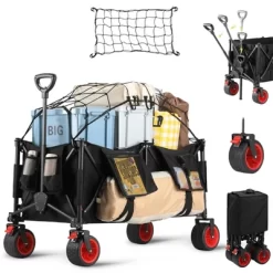 Garvee Foldable Wagon Cart With Big Wheels, Collapsible Utility Cart With Adjustable Handle, Side Pockets And Cup Holder For Shopping, Garden, Black -Garvee GUEST bf9c4844 2eae 4555 995e 69ce39f77004